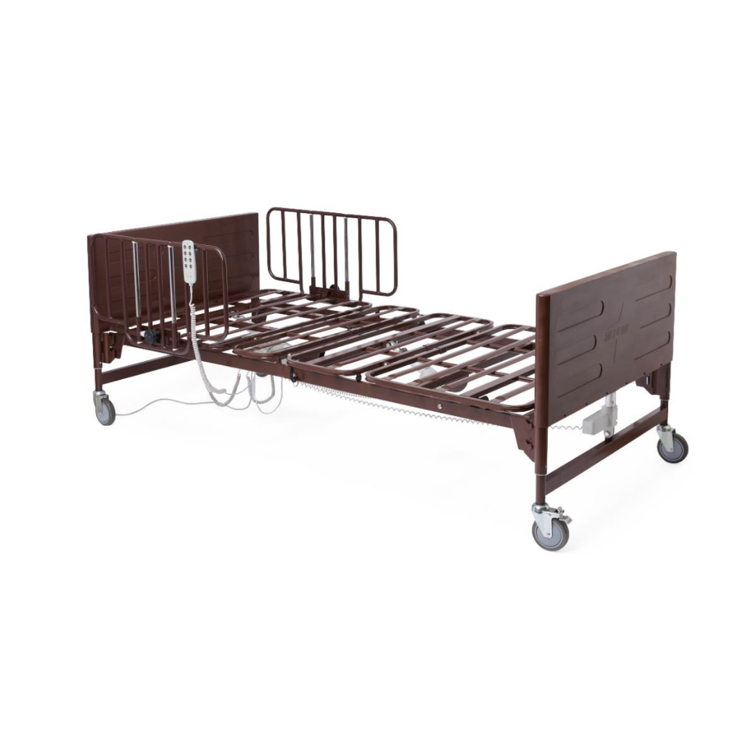 The Medline Homecare Semi-Electric Bed with 15-20 Height Range is a lightweight brown hospital bed frame with side rails, DC motor box, 9V battery backup electric controls, and wheels. Shown without mattress on a white background.